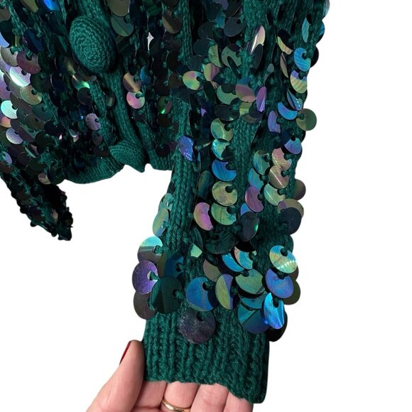 VTG 80s Christmas Party Sequins Festive Green Knit Cardigan Women’s M WICKED - Picture 4 of 12